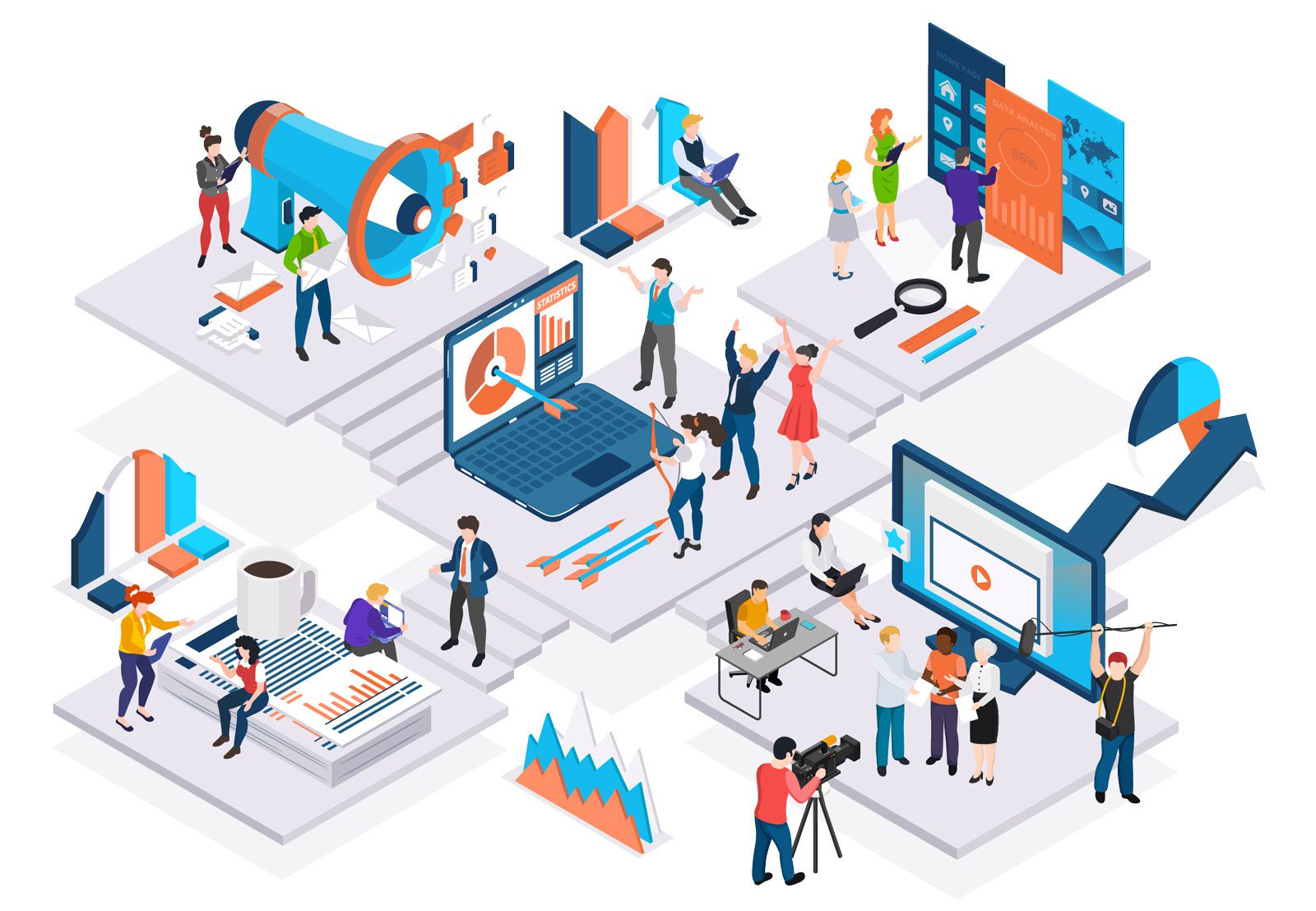 characters working on marketing in various phases